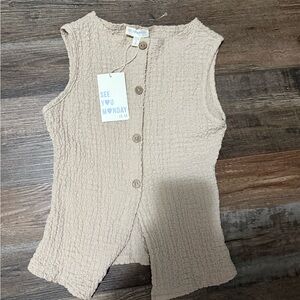 See You Monday Neutral Cream Button-Front Textured Tank